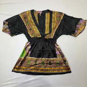 Elan Women's Dashiki Print V-Neck Empire Waist Batwing Sleeve Top